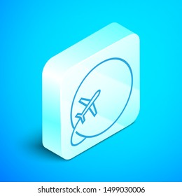 Isometric line Globe with flying plane icon isolated on blue background. Airplane fly around the planet earth. Aircraft world icon. Silver square button. Vector Illustration