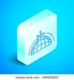 Isometric line Globe with flying plane icon isolated on blue background. Airplane fly around the planet earth. Aircraft world icon. Silver square button. Vector Illustration