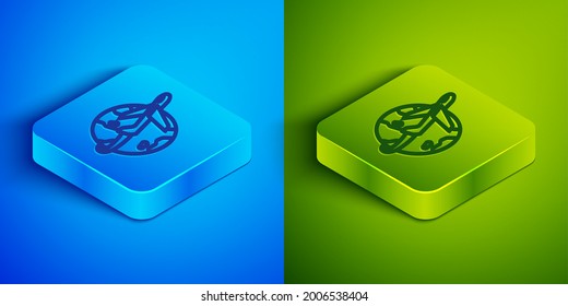 Isometric line Globe with flying plane icon isolated on blue and green background. Airplane fly around the planet earth. Aircraft world icon. Square button. Vector