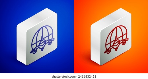 Isometric line Globe with flying plane icon isolated on blue and orange background. Airplane fly around the planet earth. Aircraft world icon. Silver square button. Vector
