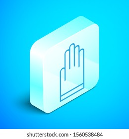 Isometric line Gloves icon isolated on blue background. Extreme sport. Diving underwater equipment. Silver square button. Vector Illustration