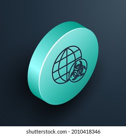 Isometric line GMO icon isolated on black background. Genetically modified organism acronym. Dna food modification. Turquoise circle button. Vector