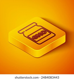 Isometric line GMO icon isolated on orange background. Genetically modified organism acronym. Dna food modification. Yellow square button. Vector