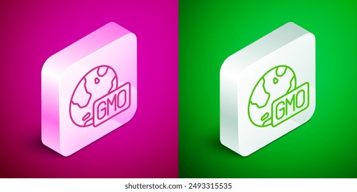 Isometric line GMO icon isolated on pink and green background. Genetically modified organism acronym. Dna food modification. Silver square button. Vector