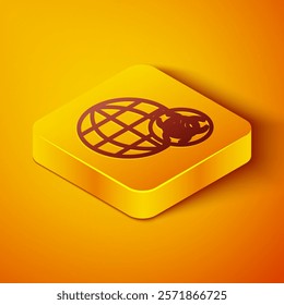 Isometric line GMO icon isolated on orange background. Genetically modified organism acronym. Dna food modification. Yellow square button. Vector