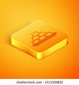 Isometric line Gold bars icon isolated on orange background. Banking business concept. Orange square button. Vector Illustration