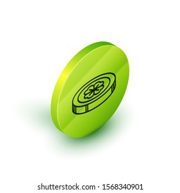 Isometric line Gold coin with four leaf clover icon isolated on white background. Happy Saint Patricks day. Green circle button. Vector Illustration