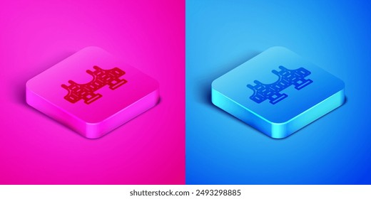 Isometric line Golden gate bridge icon isolated on pink and blue background. San Francisco California United States of America. Square button. Vector