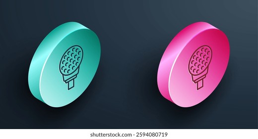 Isometric line Golf ball on tee icon isolated on black background. Turquoise and pink circle button. Vector