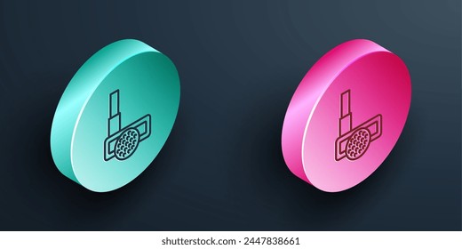 Isometric line Golf club with ball icon isolated on black background. Turquoise and pink circle button. Vector