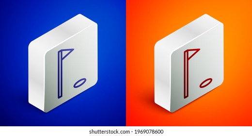 Isometric line Golf flag icon isolated on blue and orange background. Golf equipment or accessory. Silver square button. Vector Illustration