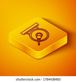 Isometric line Gong musical percussion instrument circular metal disc and hammer icon isolated on orange background. Yellow square button. Vector Illustration