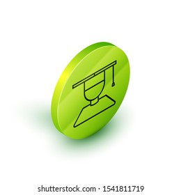 Isometric line Graduate and graduation cap icon isolated on white background. Green circle button. Vector Illustration