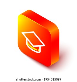 Isometric line Graduation cap icon isolated on white background. Graduation hat with tassel icon. Orange square button. Vector