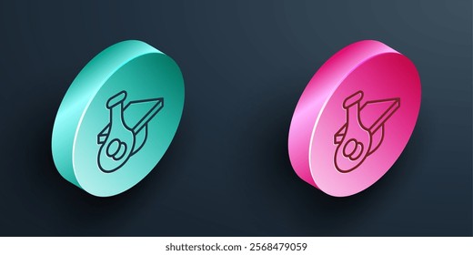 Isometric line Graduation cap icon isolated on black background. Graduation hat with tassel icon. Turquoise and pink circle button. Vector