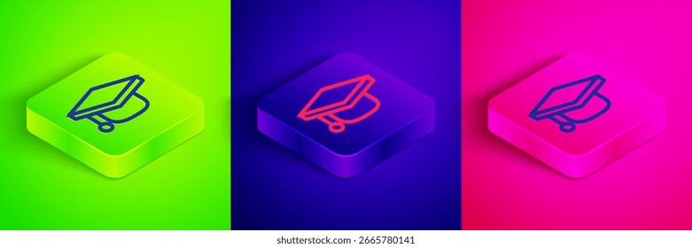 Línea isométrica Icono de tapa de graduación aislado sobre fondo verde, azul y rosa. Sombrero de la graduación con el icono de la borla. Botón cuadrado. Vector
