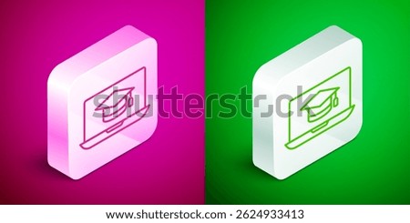 Isometric line Graduation cap on screen laptop icon isolated on pink and green background. Online learning or e-learning concept. Silver square button. Vector