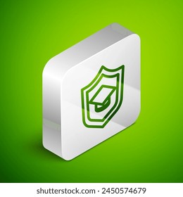 Isometric line Graduation cap with shield icon isolated on green background. Insurance concept. Security, safety, protection, protect concept. Silver square button. Vector