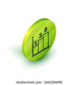 Isometric line Graph, schedule, chart, diagram, infographic, pie graph icon isolated on white background. Green circle button. Vector Illustration