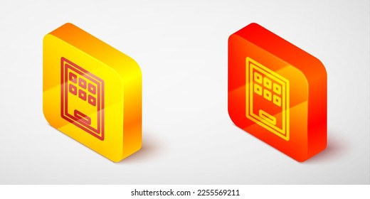 Línea isométrica Icono de tableta gráfica aislado en fondo gris. Botón cuadrado amarillo y naranja. Vector