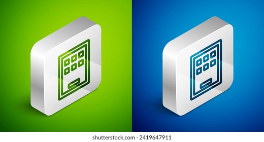 Línea isométrica Icono de tableta gráfica aislado en fondo verde y azul. Botón cuadrado plateado. Vector