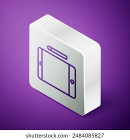 Isometrische Linie Grafik-Tablet-Symbol isoliert auf lila Hintergrund. Silbernes quadratisches Button. Vektorillustration