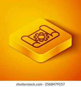 Isometric line Graphing paper for engineering and gear icon isolated on orange background. Yellow square button. Vector Illustration