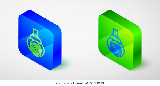 Isometric line Grapple crane grabbed a log icon isolated on grey background. Forest industry. Industrial crane for lumber trunk wood production. Blue and green square button. Vector