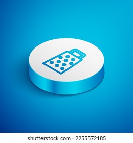 Isometric line Grater icon isolated on blue background. Kitchen symbol. Cooking utensil. Cutlery sign. White circle button. Vector