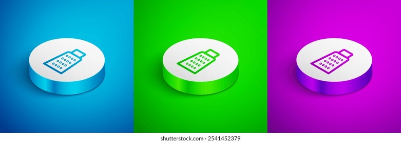 Isometric line Grater icon isolated on blue, green and purple background. Kitchen symbol. Cooking utensil. Cutlery sign. White circle button. Vector