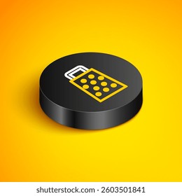 Isometric line Grater icon isolated on yellow background. Kitchen symbol. Cooking utensil. Cutlery sign. Black circle button. Vector