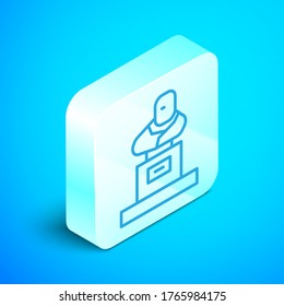 Isometric line Grave with tombstone icon isolated on blue background. Silver square button. Vector
