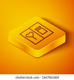Isometric line Greeting card icon isolated on orange background. Celebration poster template for invitation or greeting card. Yellow square button. Vector Illustration