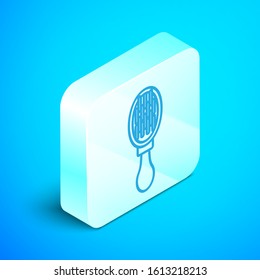 Isometric line Hair brush for dog and cat icon isolated on blue background. Brush for animal fur. Pet accessory. Silver square button. Vector Illustration