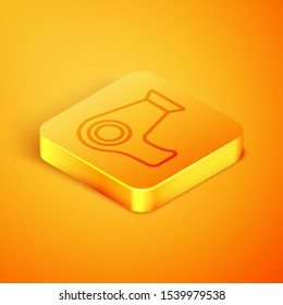 Isometric line Hair dryer icon isolated on orange background. Hairdryer sign. Hair drying symbol. Blowing hot air. Orange square button. Vector Illustration