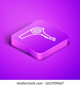 Isometric line Hair dryer icon isolated on purple background. Hairdryer sign. Hair drying symbol. Blowing hot air. Purple square button. Vector Illustration