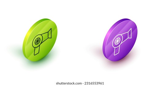 Isometric line Hair dryer icon isolated on white background. Hairdryer sign. Hair drying symbol. Blowing hot air. Green and purple circle buttons. Vector