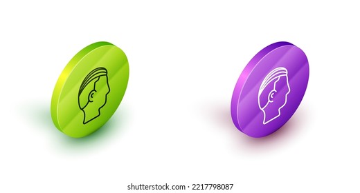 Isometric line Hairstyle for men icon isolated on white background. Green and purple circle buttons. Vector