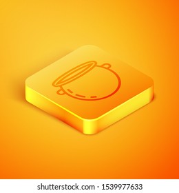 Isometric line Halloween witch cauldron icon isolated on orange background. Happy Halloween party. Orange square button. Vector Illustration