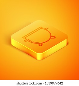 Isometric line Halloween witch cauldron icon isolated on orange background. Happy Halloween party. Orange square button. Vector Illustration