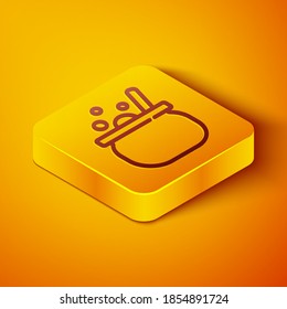 Isometric line Halloween witch cauldron icon isolated on orange background. Happy Halloween party. Yellow square button. Vector