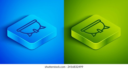 Isometric line Halloween witch cauldron icon isolated on blue and green background. Happy Halloween party. Square button. Vector