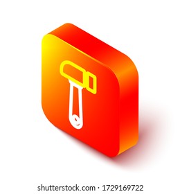Isometric line Hammer icon isolated on white background. Tool for repair. Orange square button. Vector Illustration