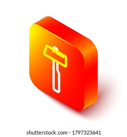 Isometric line Hammer icon isolated on white background. Tool for repair. Orange square button. Vector Illustration