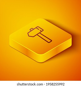 Isometric line Hammer icon isolated on orange background. Tool for repair. Yellow square button. Vector Illustration