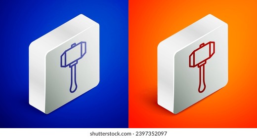 Isometric line Hammer icon isolated on blue and orange background. Tool for repair. Silver square button. Vector