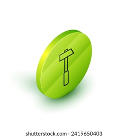 Isometrische Linie Hammer Symbol einzeln auf weißem Hintergrund. Reparaturwerkzeug. Grüner Kreis-Knopf. Vektorgrafik