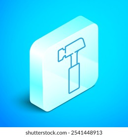 Isometric line Hammer icon isolated on blue background. Tool for repair. Silver square button. Vector