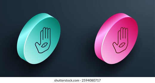 Isometric line Hamsa hand icon isolated on black background. Hand of Fatima - amulet, symbol of protection from devil eye. Turquoise and pink circle button. Vector