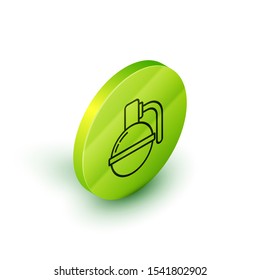 Isometric line Hand grenade icon isolated on white background. Bomb explosion. Green circle button. Vector Illustration